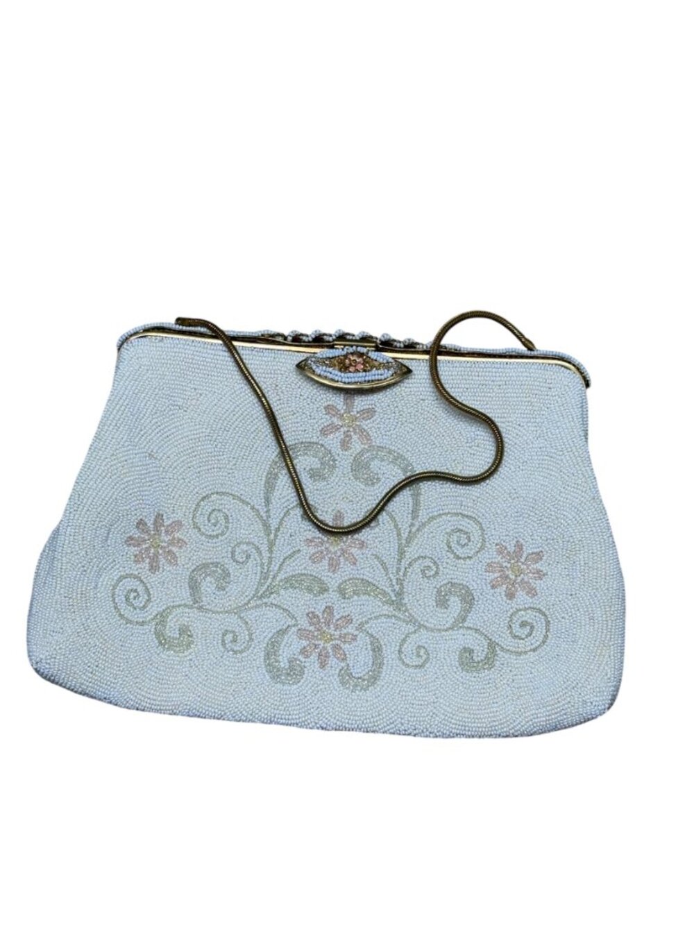 Vintage 1950s Intricate Beaded Floral Scroll Pastel Gold Frame Mini Handbag